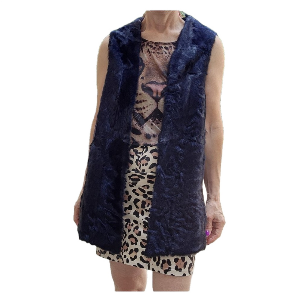 PURE COLLECTION 100% Goat Skin Real Fur Vest Blue